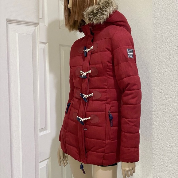SUPERDRY Tall Marl Toggle Puffle Jacket Burgundy Puffer Hooded Coat Size 2 US - Picture 4 of 16